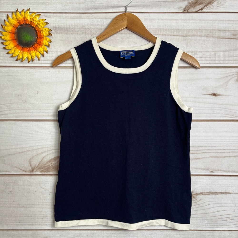 Pendleton Woolen Mills Women's Knit Tank Top Sleeveless Navy Blue Cream Trim S